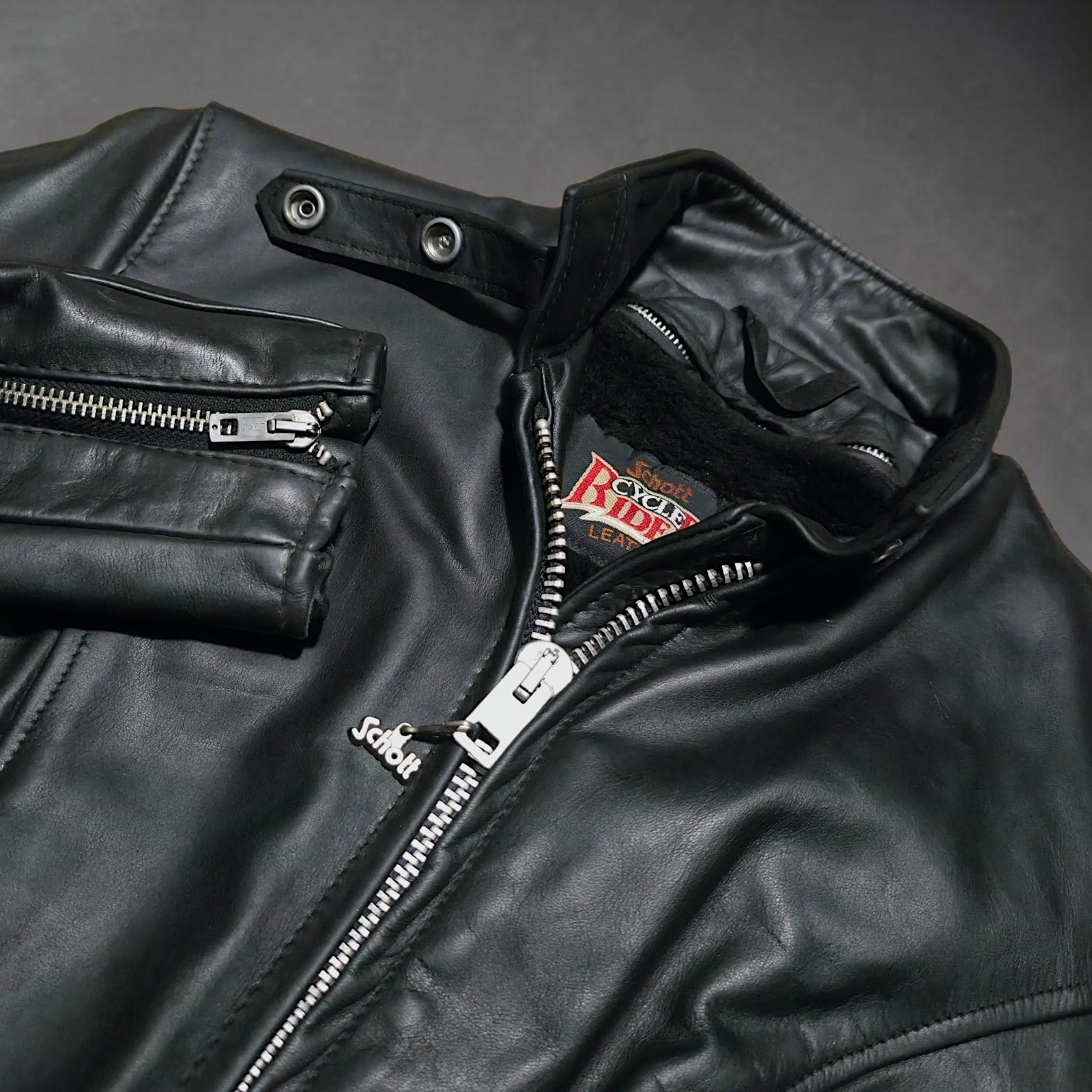Vintage Schott Cycle Rider Black Leather Biker Moto Jacket Sherpa Line Womens 12